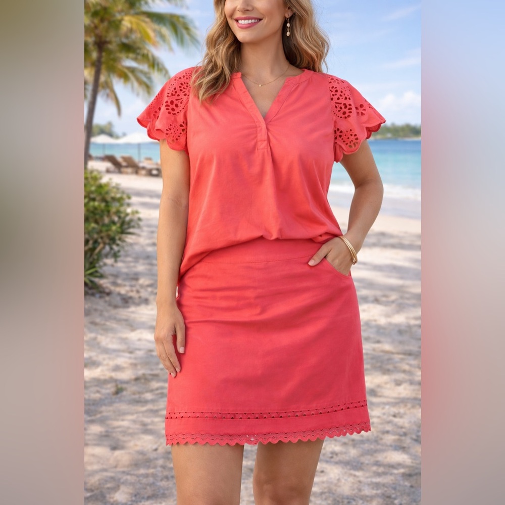 Crown & Ivy Coral 2 Piece Set Top & Skirt Size XL 16 Scallop Trim Preppy Resort